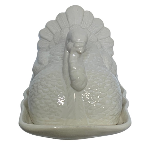 Harvest Covered Butter Dish Thanksgiving Turkey Large With Lid Ceramic NEW White - Picture 4 of 15